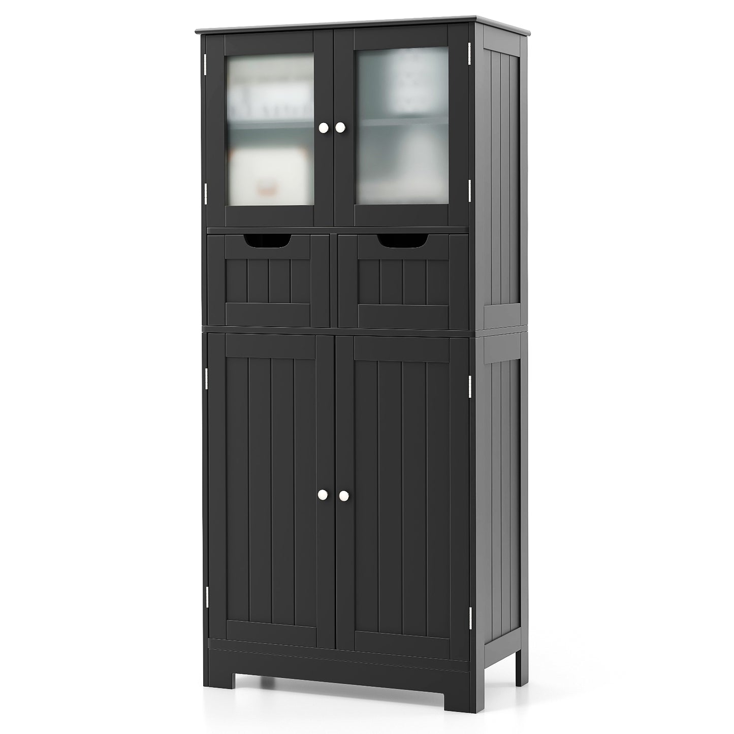 3 Tier Freee-Standing Bathroom Cabinet with 2 Drawers and Glass Doors-White - Black