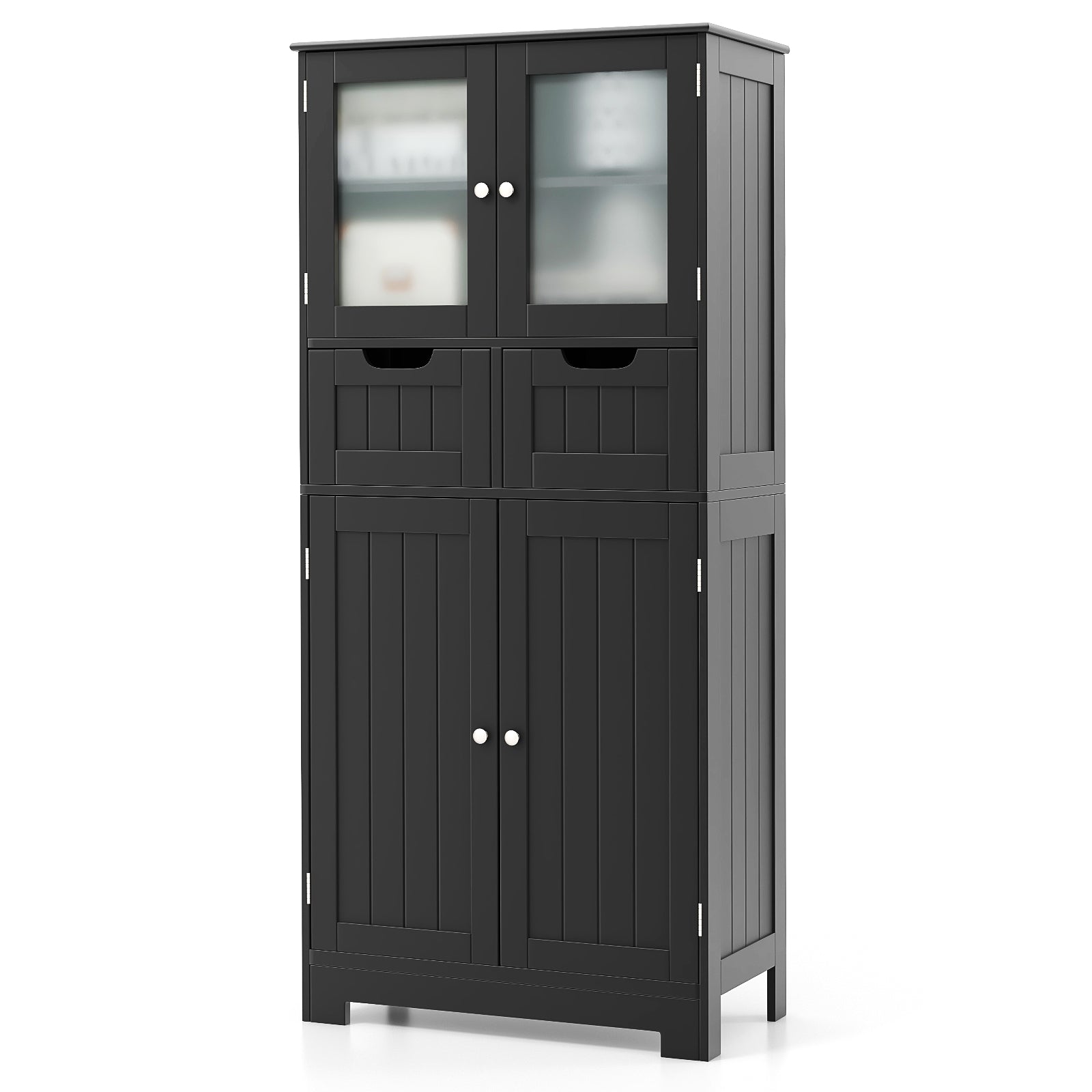 3 Tier Freee-Standing Bathroom Cabinet with 2 Drawers and Glass Doors-White - Black