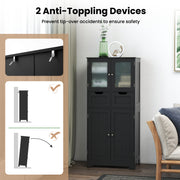4 Door Freestanding Bathroom Floor Storage Cabinet with 2 Drawers and Glass Doors-Black