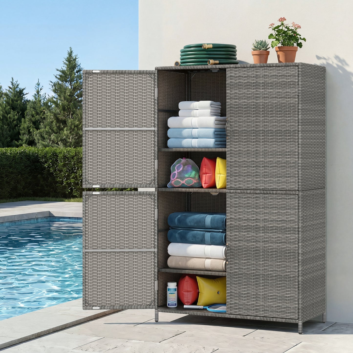 Rattan Vertical Storage Shed with Adjustable Shelves