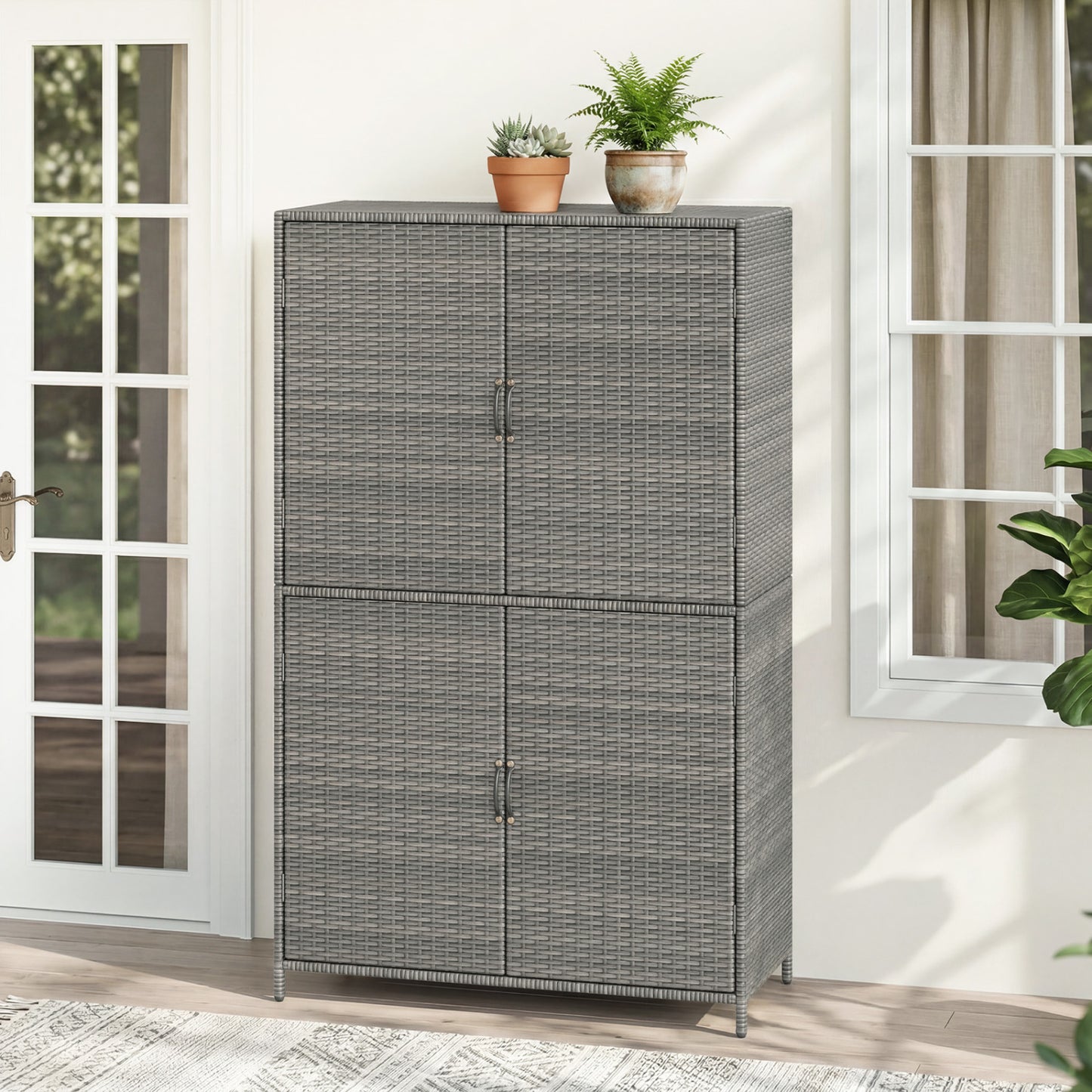 Rattan Vertical Storage Shed with Adjustable Shelves