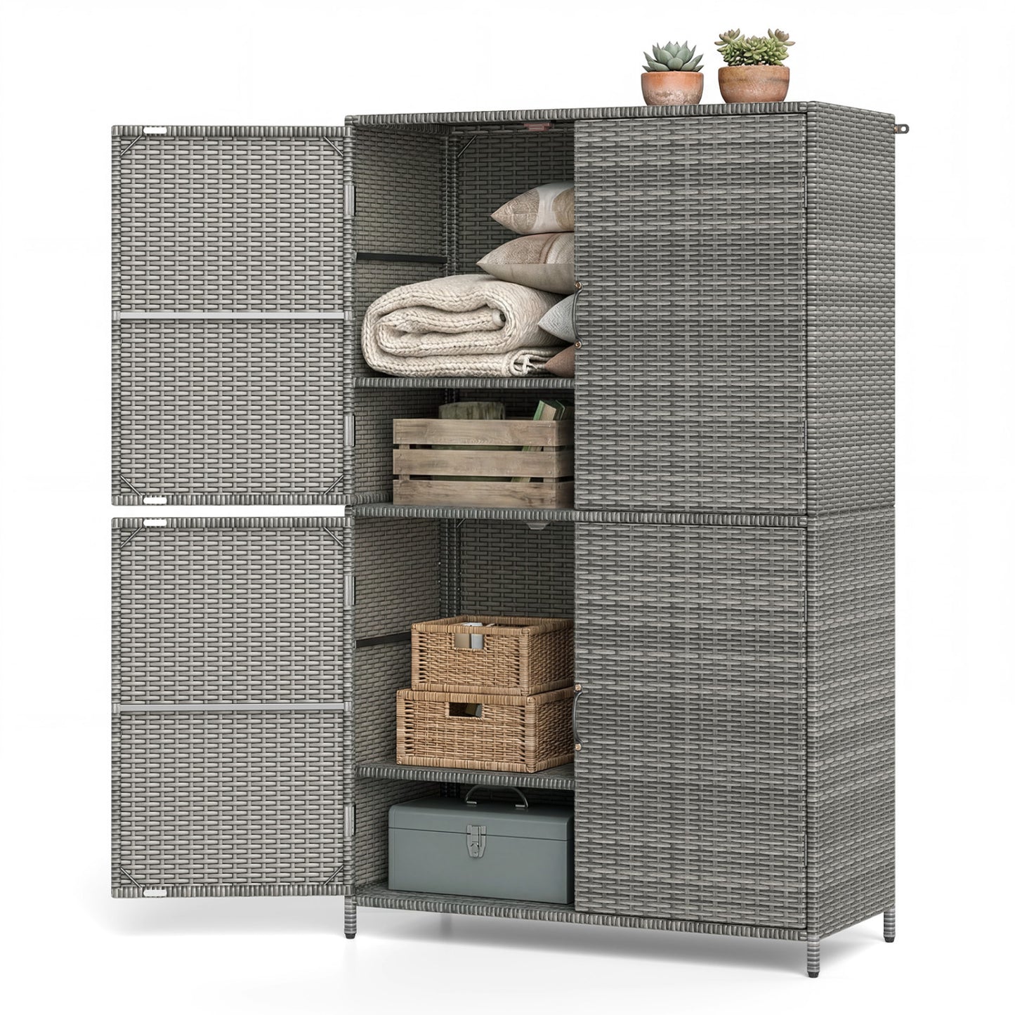 Rattan Vertical Storage Shed with Adjustable Shelves