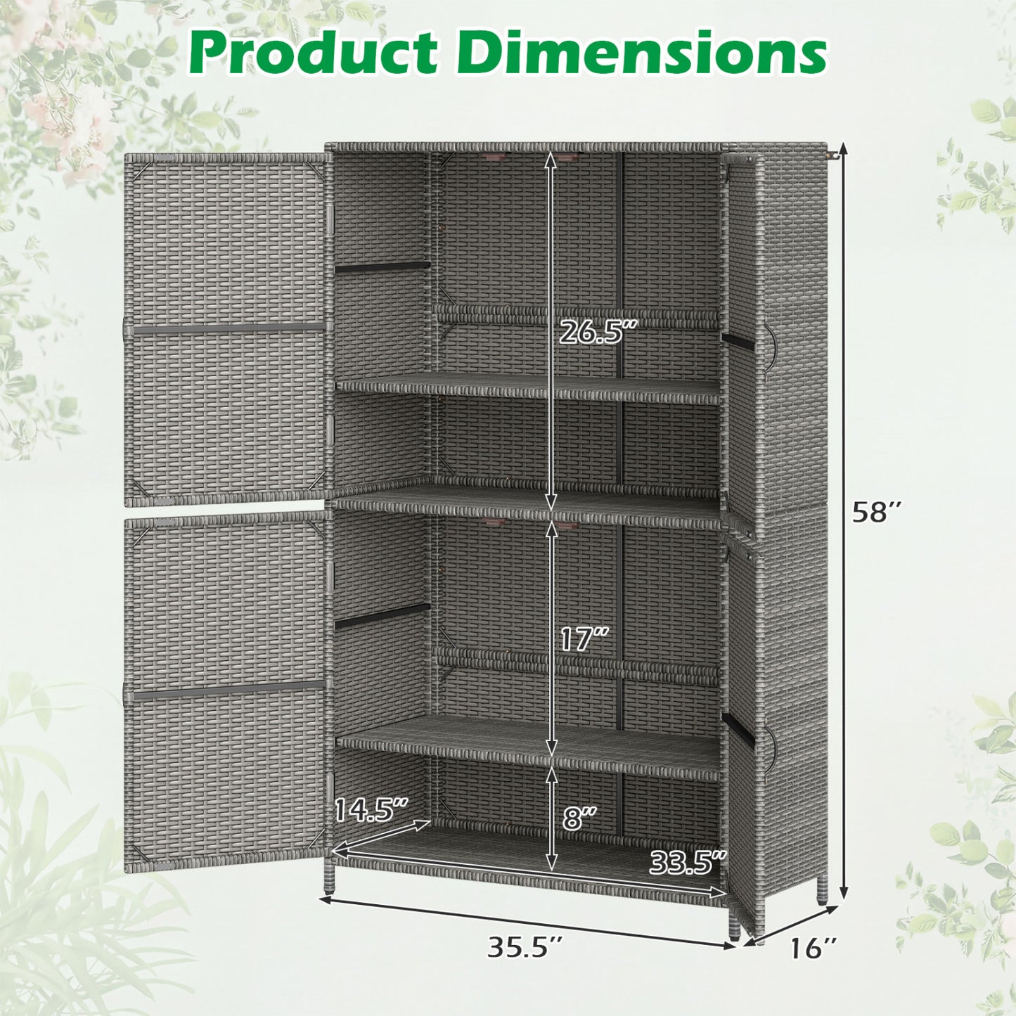 Rattan Vertical Storage Shed with Adjustable Shelves