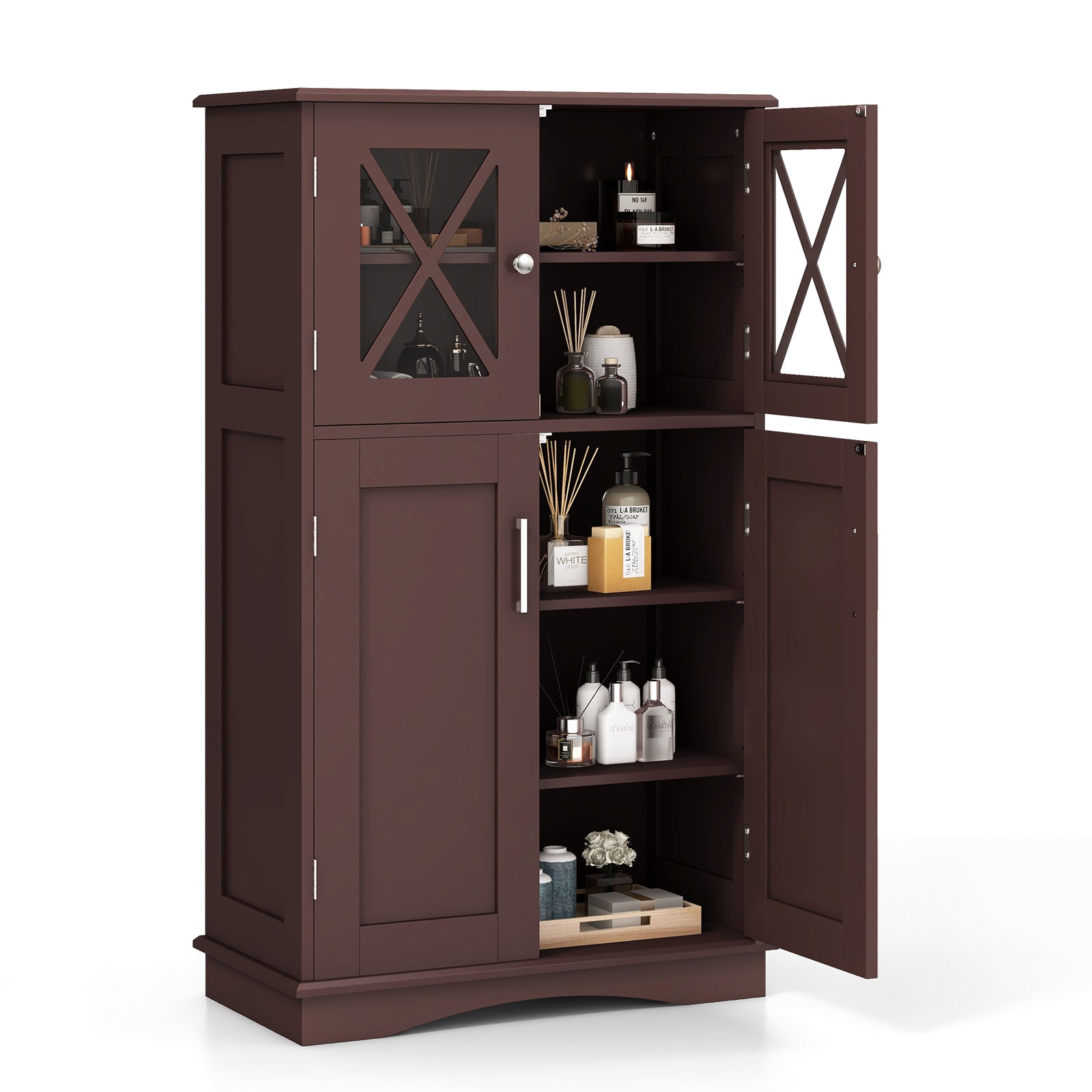 4 Doors Freeestanding Bathroom Floor Cabinet with Adjustable Shelves-White - Brown