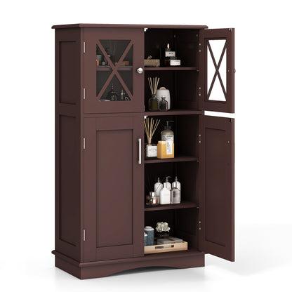 4 Doors Freeestanding Bathroom Floor Cabinet with Adjustable Shelves-White - Brown
