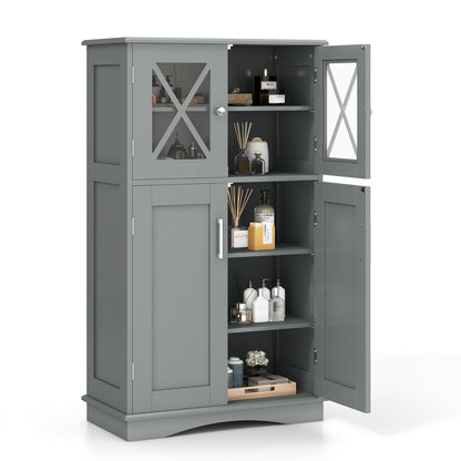 4 Doors Freeestanding Bathroom Floor Cabinet with Adjustable Shelves-White - Gray