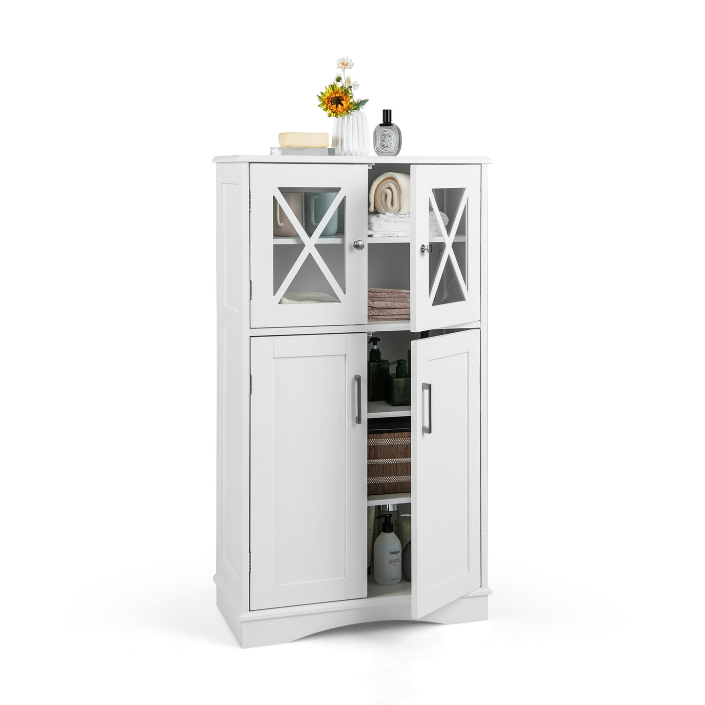 4 Doors Freeestanding Bathroom Floor Cabinet with Adjustable Shelves-White - White