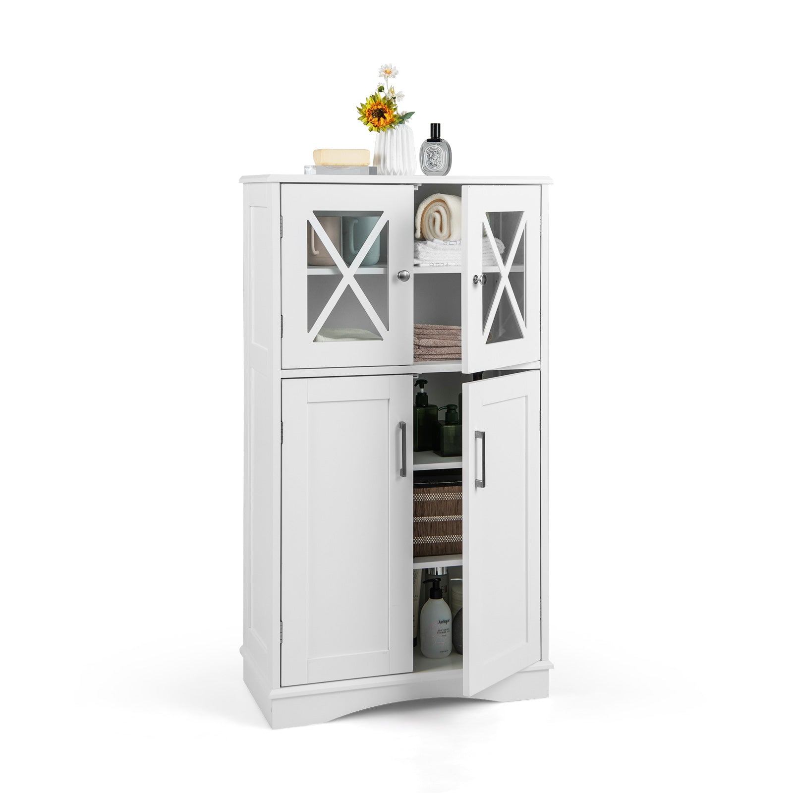 4 Doors Freeestanding Bathroom Floor Cabinet with Adjustable Shelves-White - White