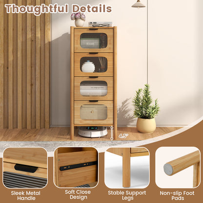4-Drawer Dresser Bamboo Storage Cabinet with Fluted Tempered Glass Drawers-Natural
