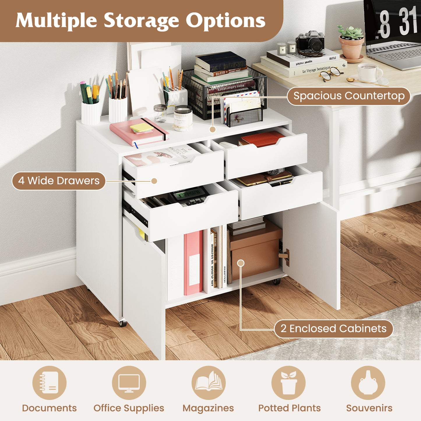 4 Drawer File Cabinet with Wheels for Home Office Organization-White