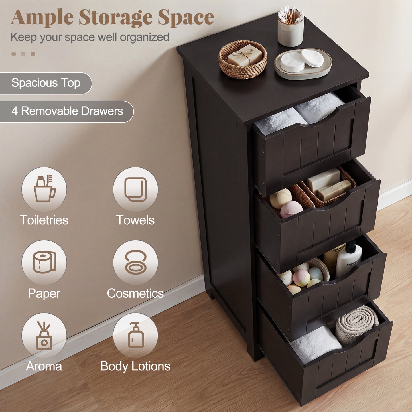 4-Drawer Freestanding Floor Cabinet with Anti-Toppling Device-Dark Brown