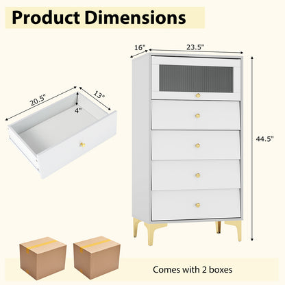 4 Drawer Modern Storage Cabinet with Flip Up Fluted Glass Door-Gray and White