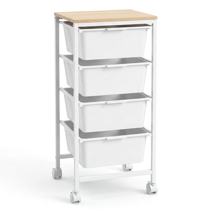 4-Drawer Rolling Storage Cart Mobile Utility Organizer with Wooden Tabletop and Lockable Wheels-White