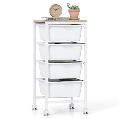 4-Drawer Rolling Storage Cart Mobile Utility Organizer with Wooden Tabletop and Lockable Wheels-White