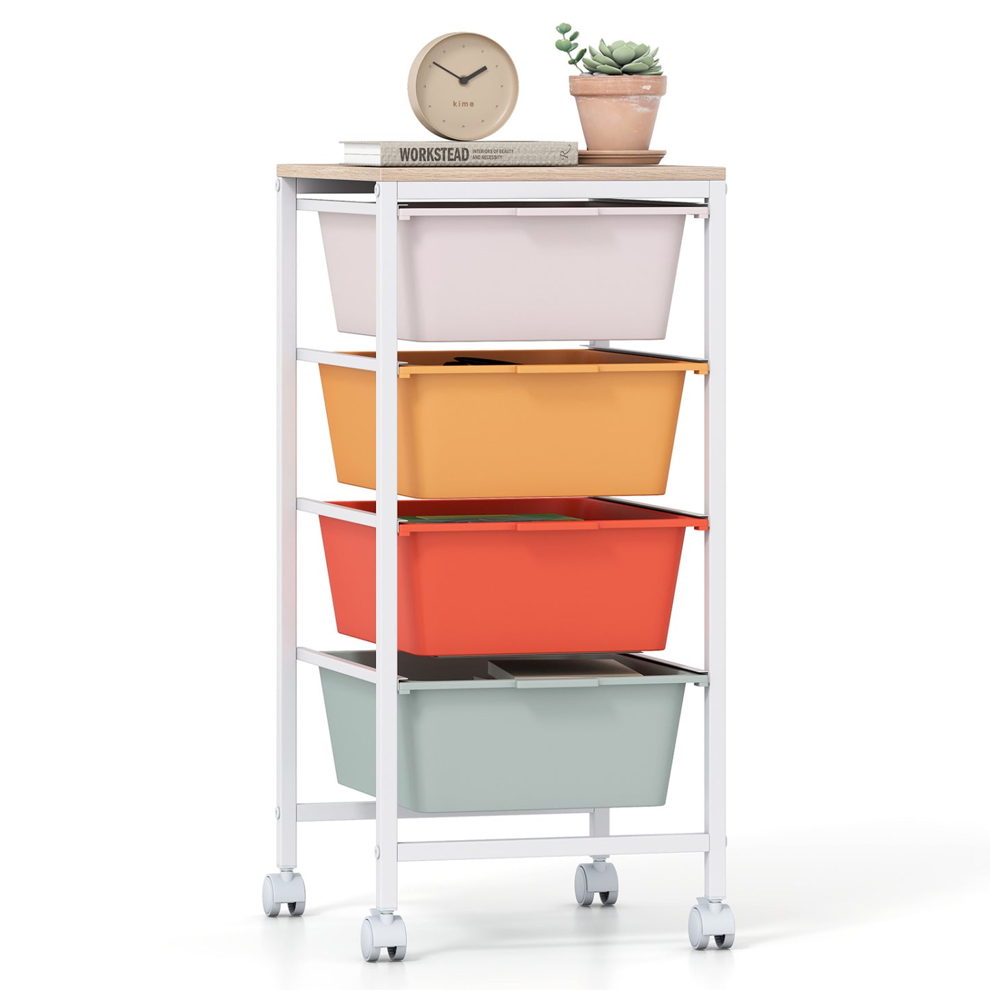 4-Drawer Rolling Storage Cart Mobile Utility Organizer with Wooden Tabletop and Lockable Wheels-White - Macaron