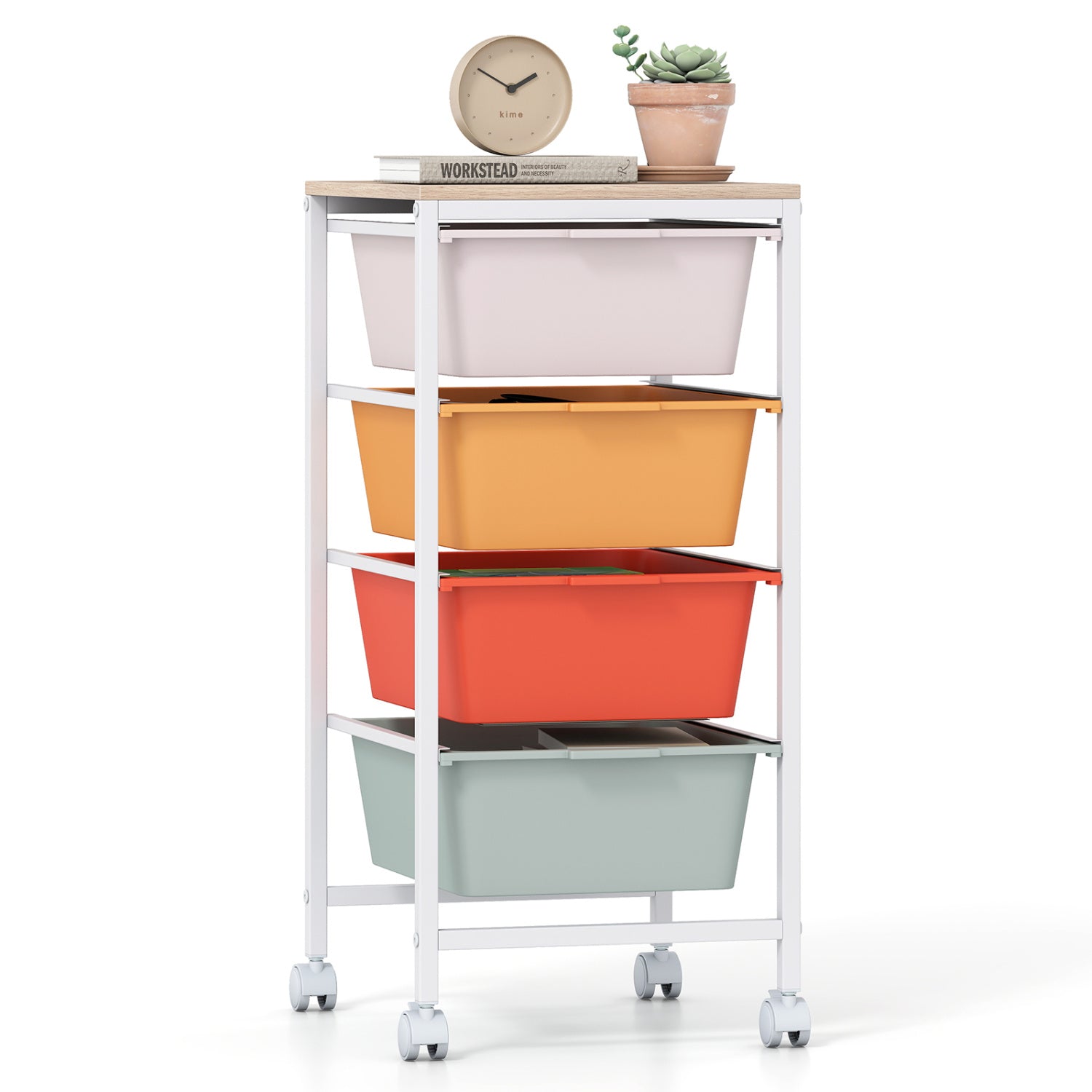 4-Drawer Rolling Storage Cart Mobile Utility Organizer with Wooden Tabletop and Lockable Wheels-White - Macaron