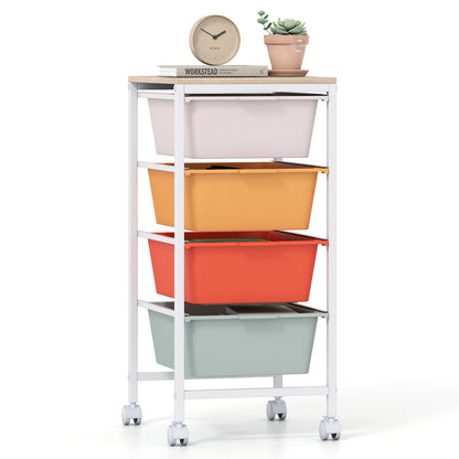 4-Drawer Rolling Storage Cart Mobile Utility Organizer with Wooden Tabletop and Lockable Wheels-White - Macaron
