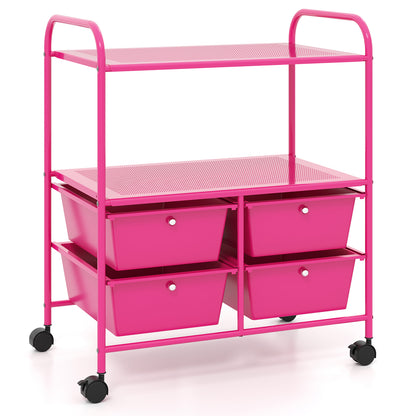 Mobile 4 Drawers Shelves Rolling Storage Cart Rack-Transparent Multicolor - Hot Pink
