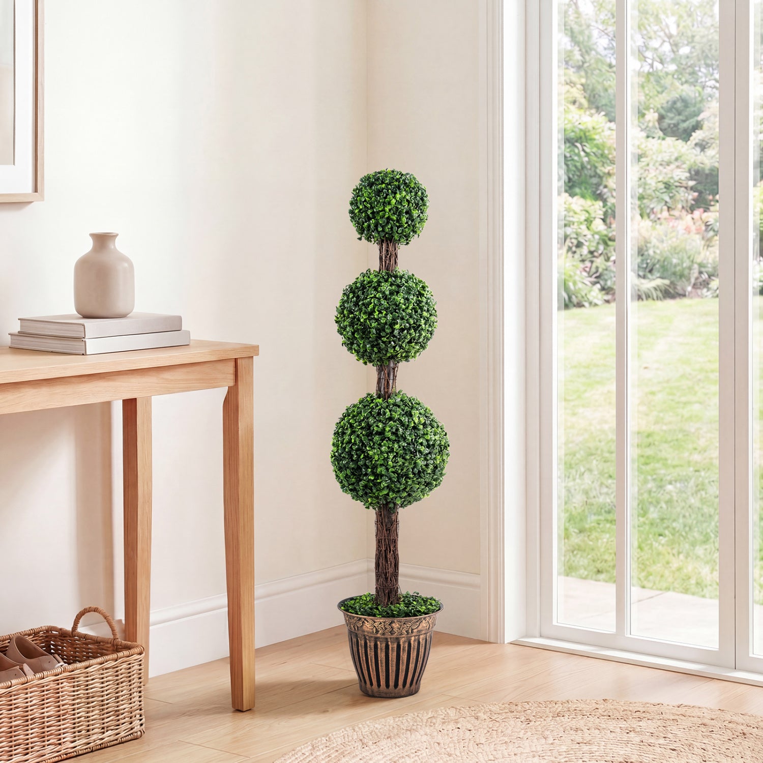 4 FT Artificial Triple Ball Boxwood Tree with Cement-filled Retro Planter