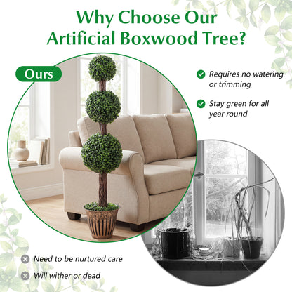 4 FT Artificial Triple Ball Boxwood Tree with Cement-filled Retro Planter