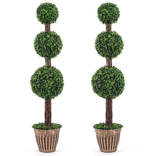 4 FT Artificial Triple Ball Boxwood Tree with Cement-filled Retro Planter Set of 2