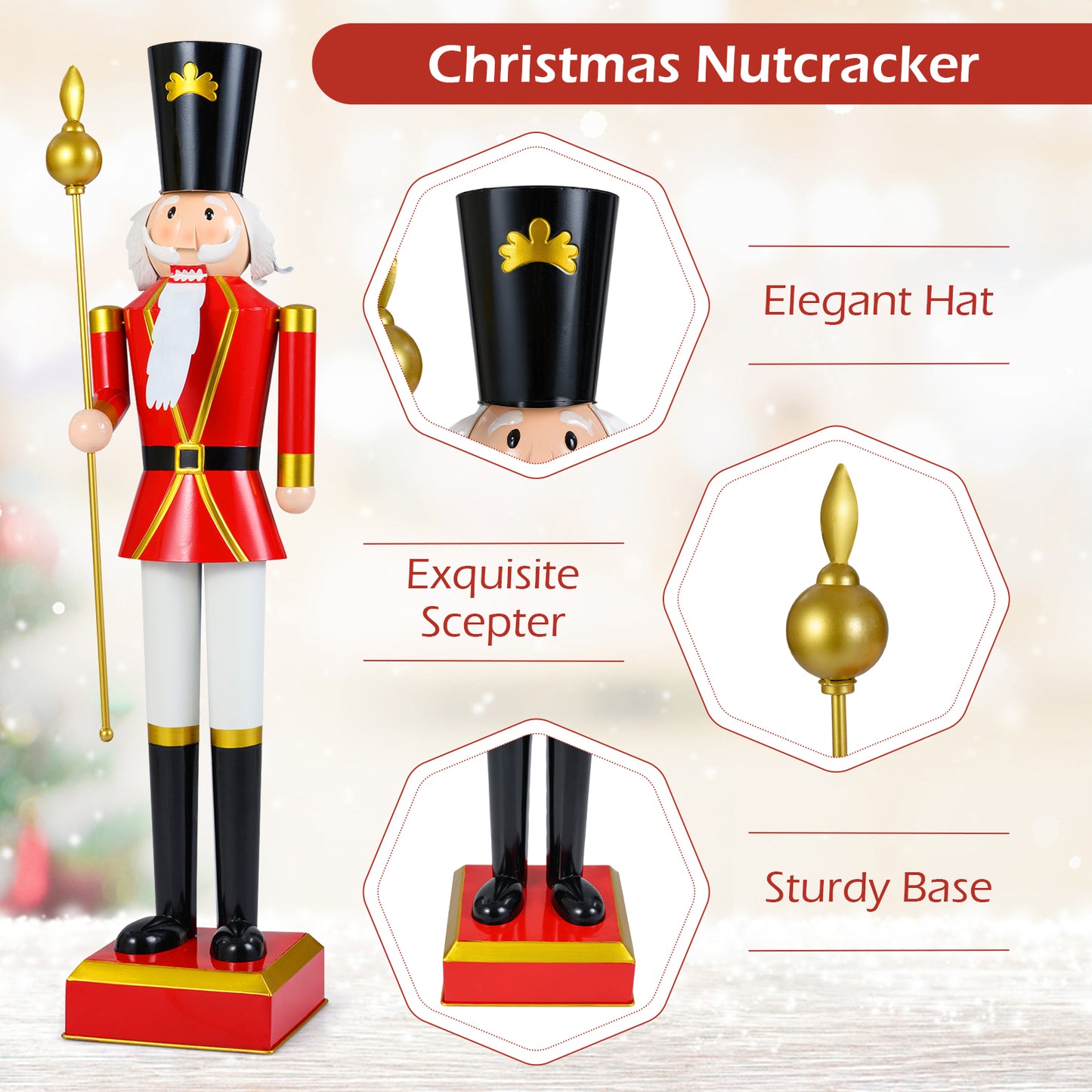 4 FT Christmas Nutcracker with High Hat & Beautiful Scepter-Black & Red