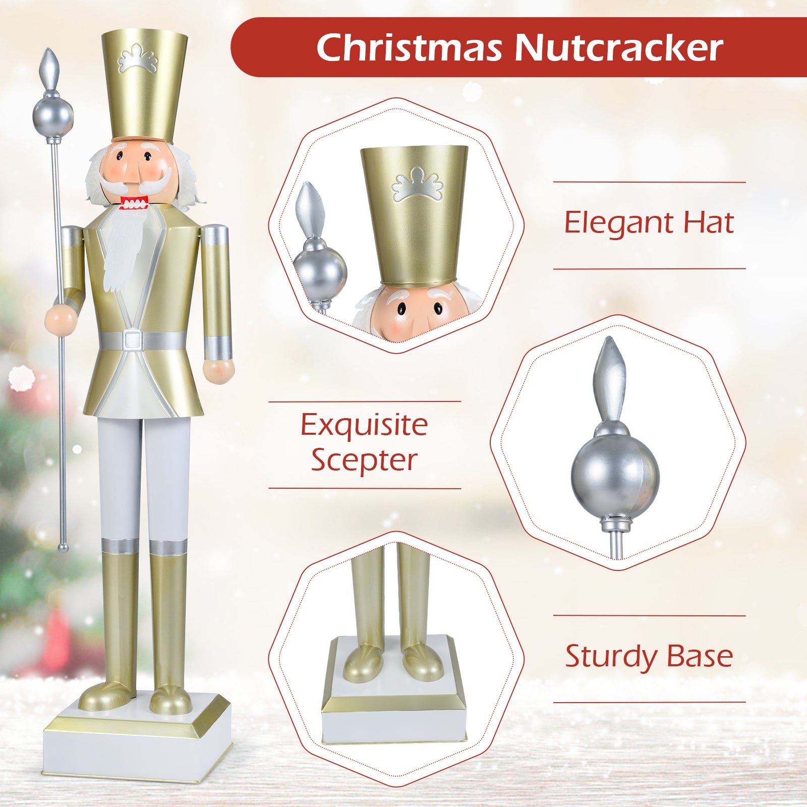 4 FT Christmas Nutcracker with High Hat & Beautiful Scepter-White & Golden