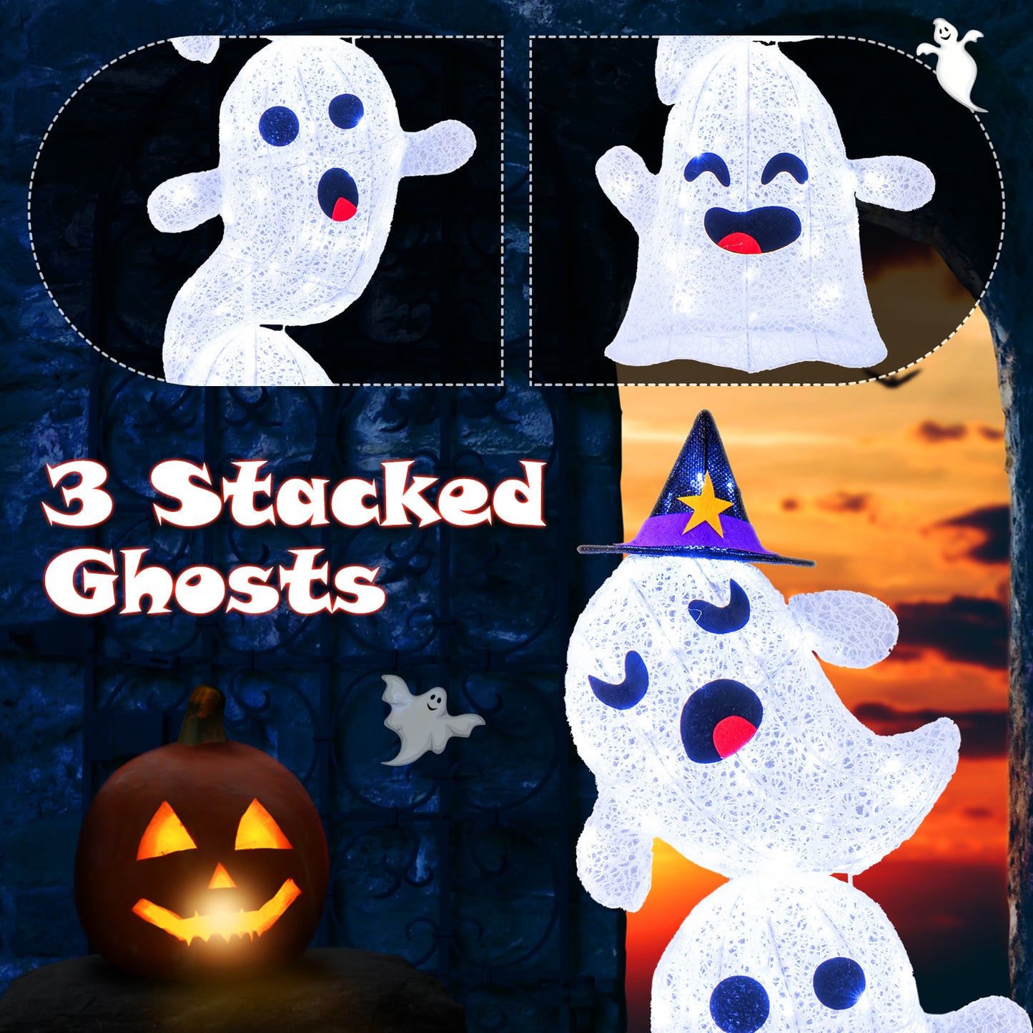 4 FT Lighted Standing Halloween Decoration Stacked Ghosts with 120 LED Lights