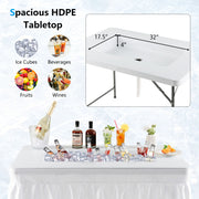 4 Feet Folding Ice Bin Table with Skirt for Camping Picnic Wedding with Ice Bucket-White