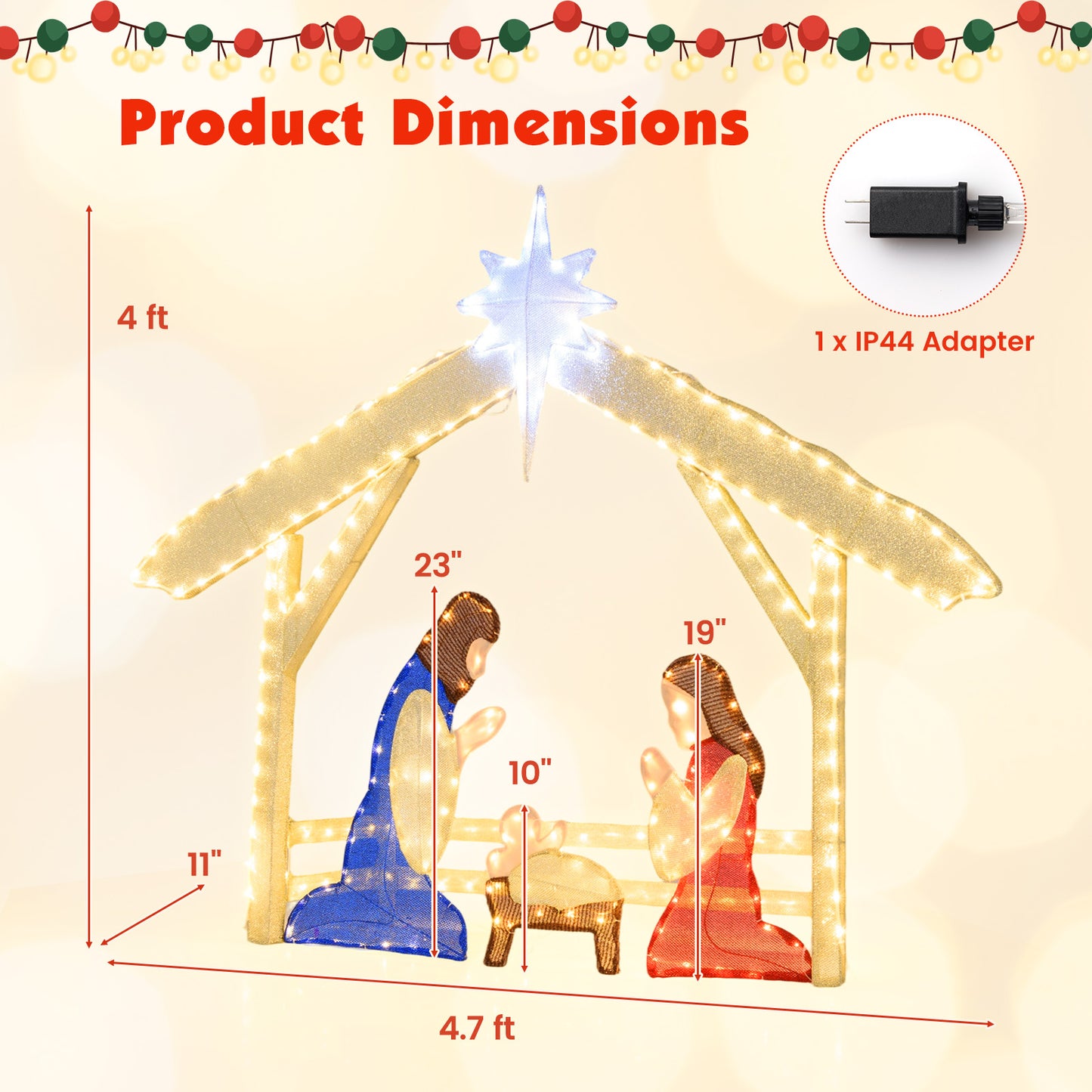 4 Ft Lighted Nativity Scene Pre-lit Christmas Holy Family Set