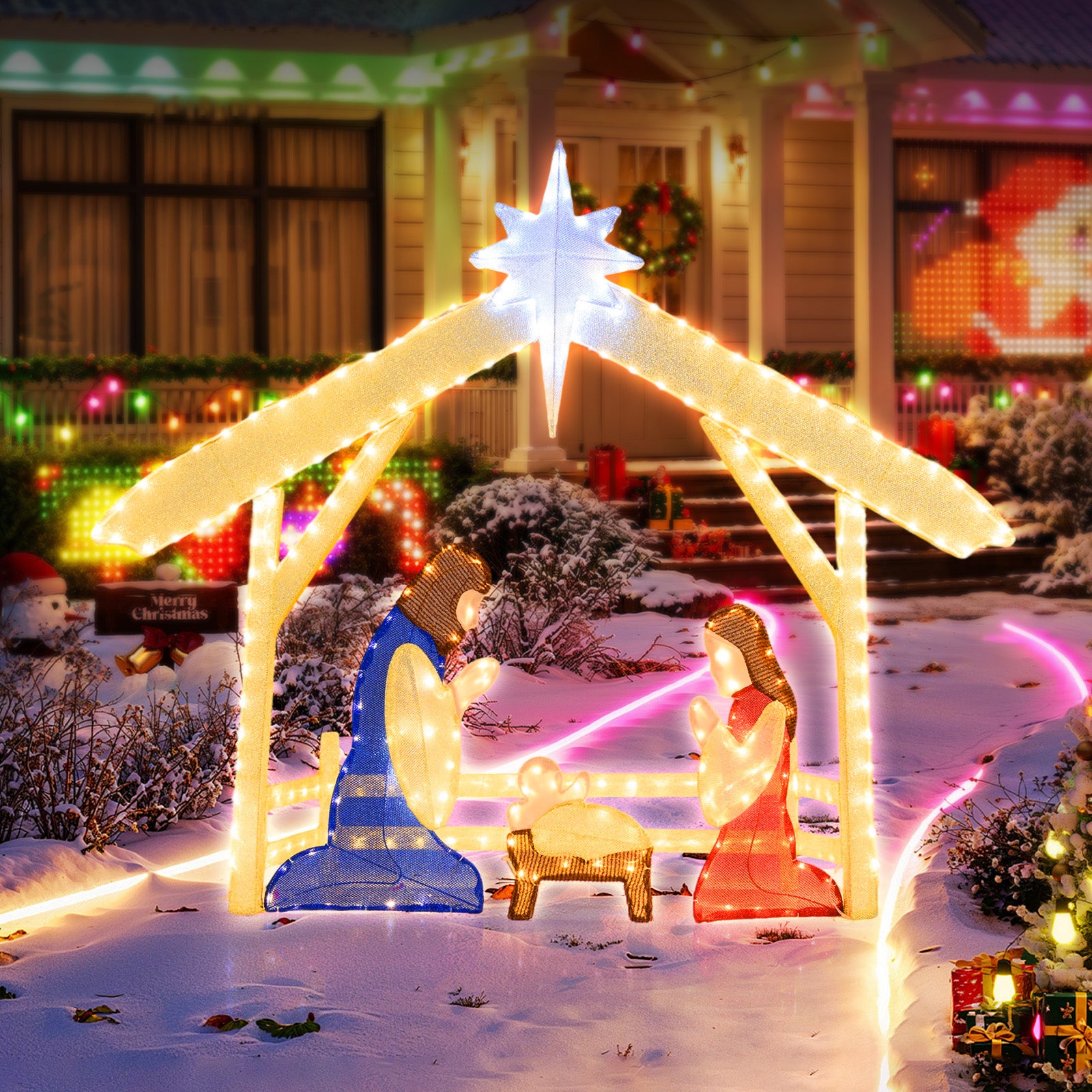 4 Ft Lighted Nativity Scene Pre-lit Christmas Holy Family Set