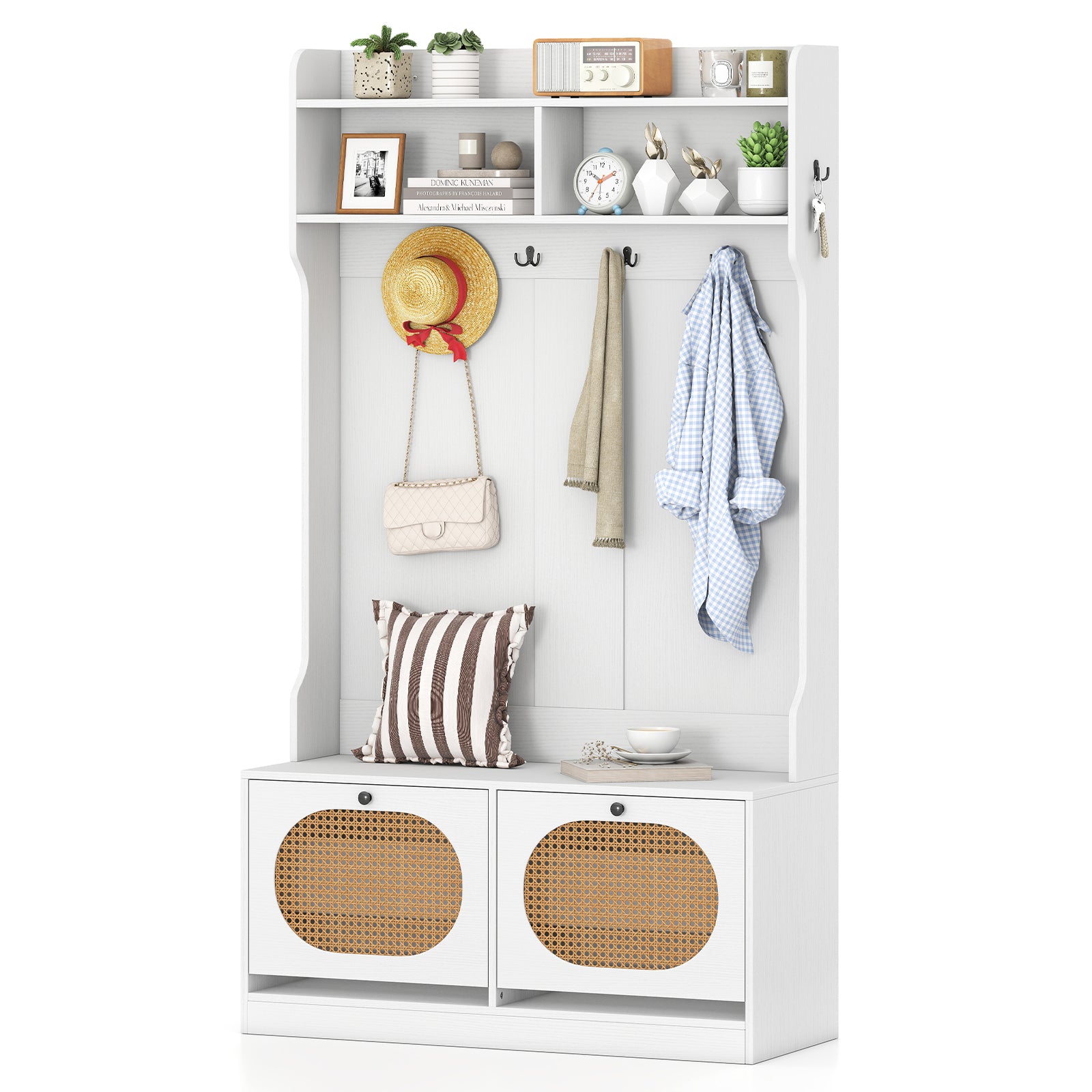 4-In-1 Hall Tree with Coat Rack and Flip Drawers for Entryway Mudroom-White