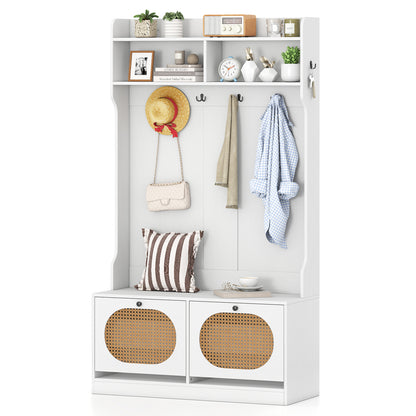 4-In-1 Hall Tree with Coat Rack and Flip Drawers for Entryway Mudroom-White