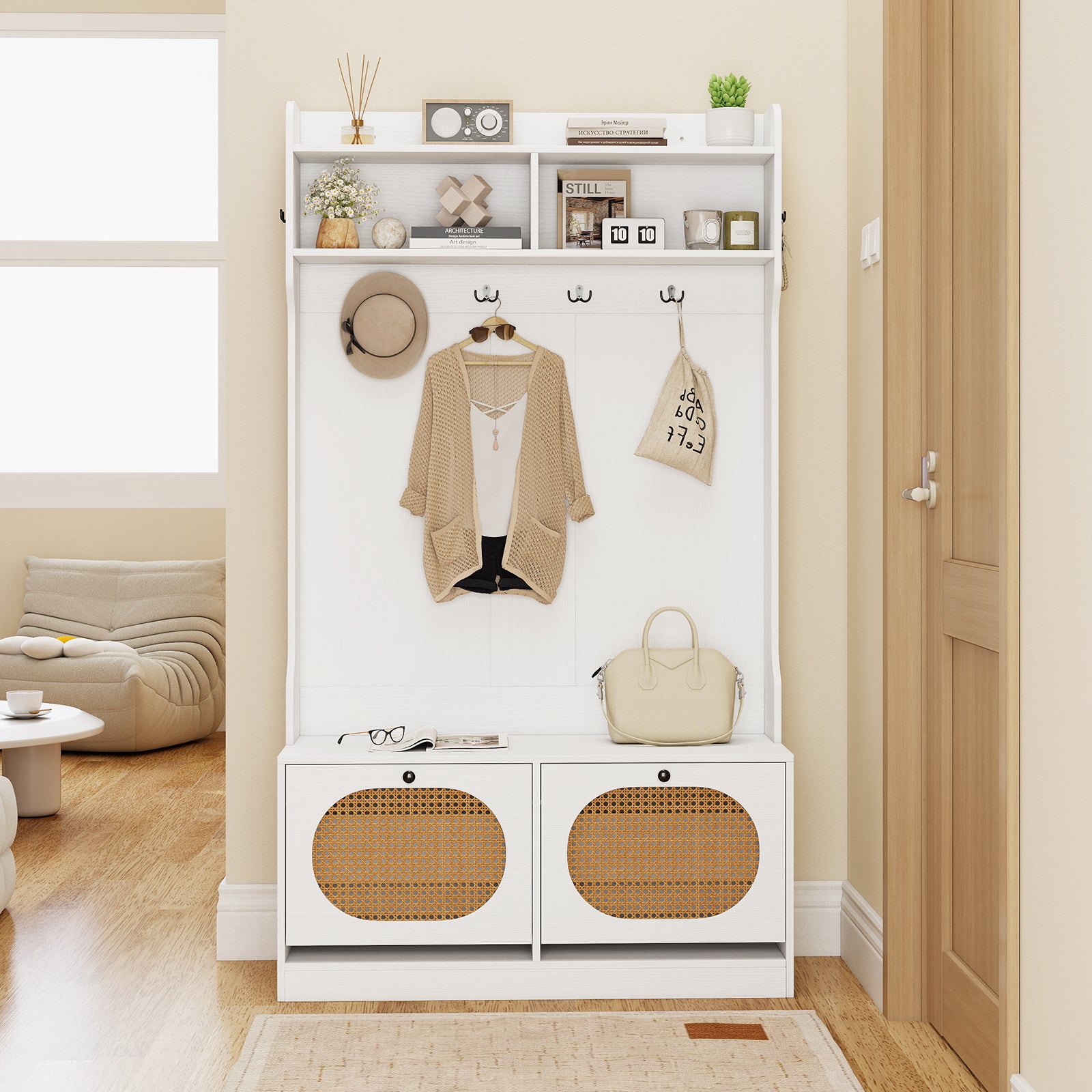 4-In-1 Hall Tree with Coat Rack and Flip Drawers for Entryway Mudroom-White
