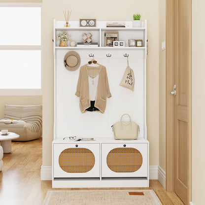 4-In-1 Hall Tree with Coat Rack and Flip Drawers for Entryway Mudroom-White