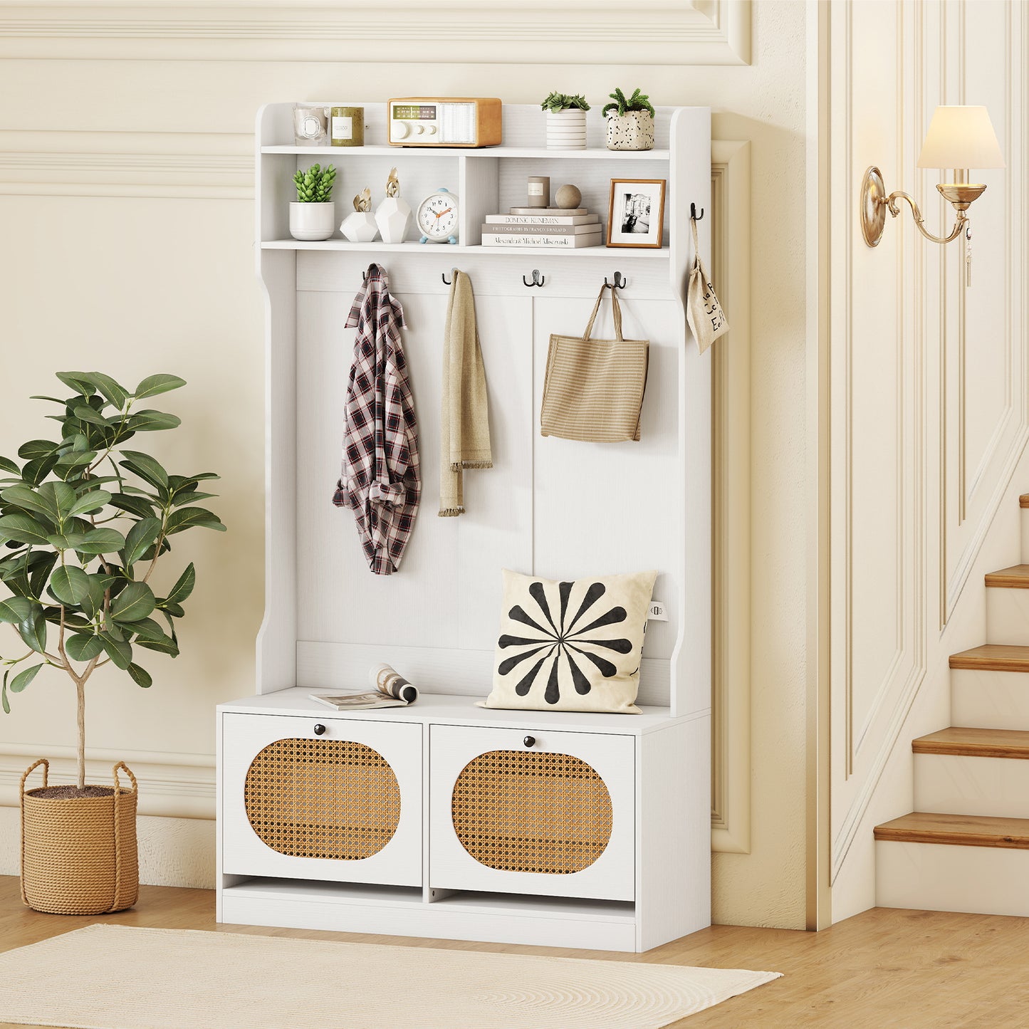 4-In-1 Hall Tree with Coat Rack and Flip Drawers for Entryway Mudroom-White