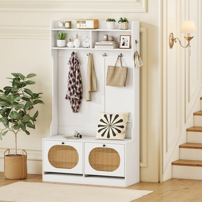 4-In-1 Hall Tree with Coat Rack and Flip Drawers for Entryway Mudroom-White