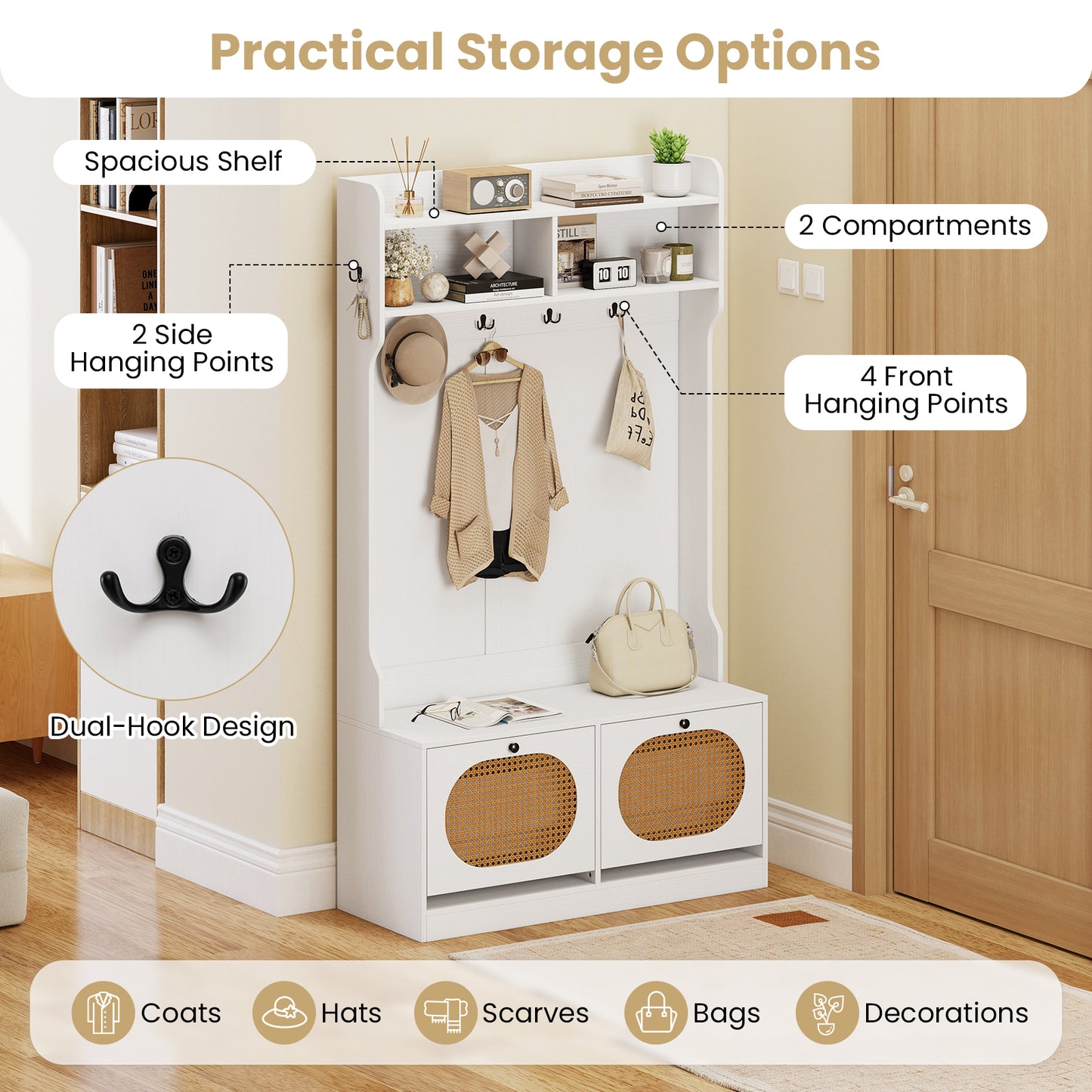 4-In-1 Hall Tree with Coat Rack and Flip Drawers for Entryway Mudroom-White