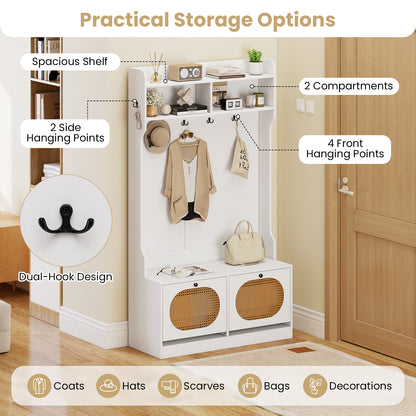 4-In-1 Hall Tree with Coat Rack and Flip Drawers for Entryway Mudroom-White