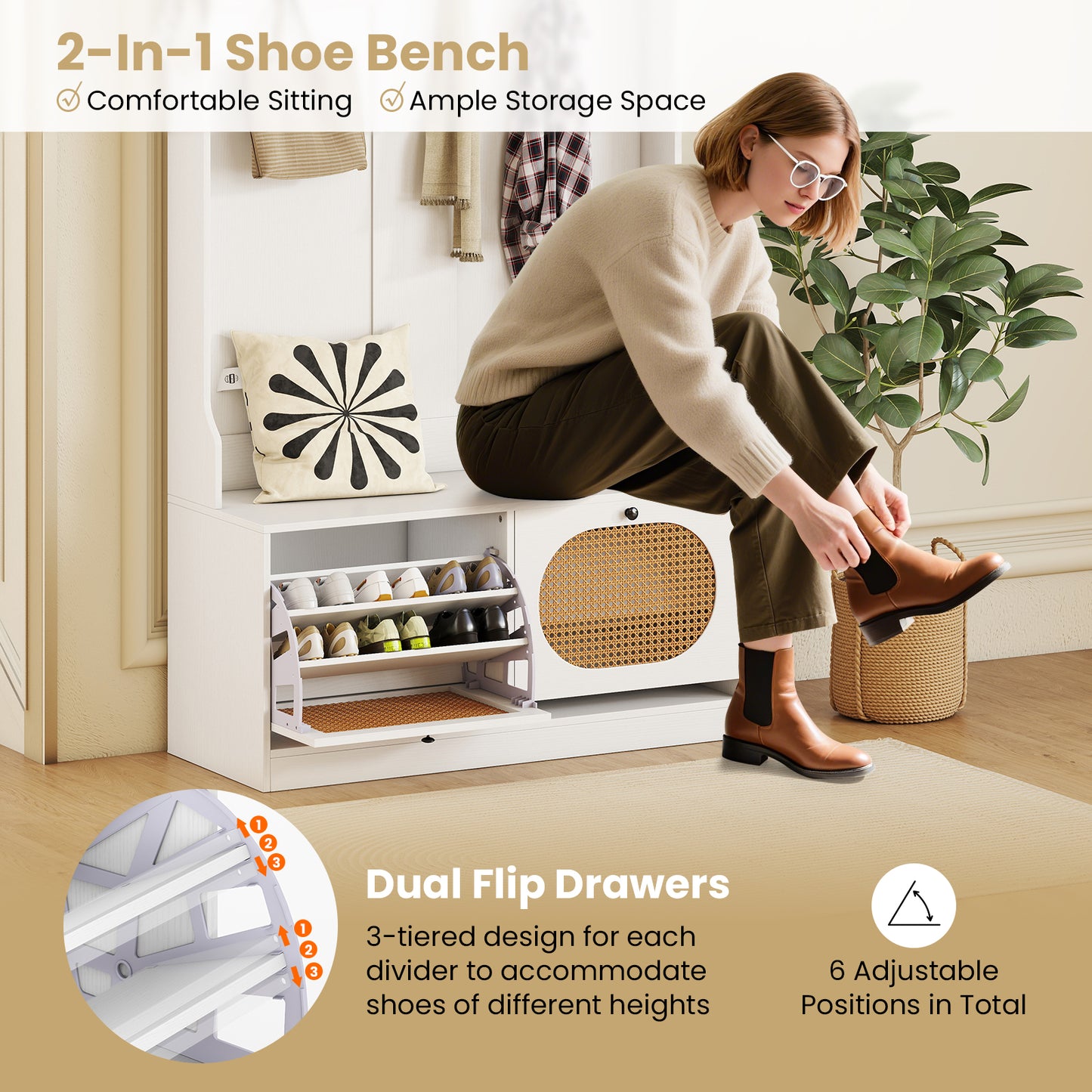 4-In-1 Hall Tree with Coat Rack and Flip Drawers for Entryway Mudroom-White