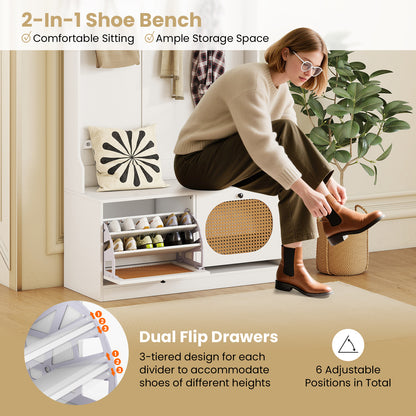 4-In-1 Hall Tree with Coat Rack and Flip Drawers for Entryway Mudroom-White