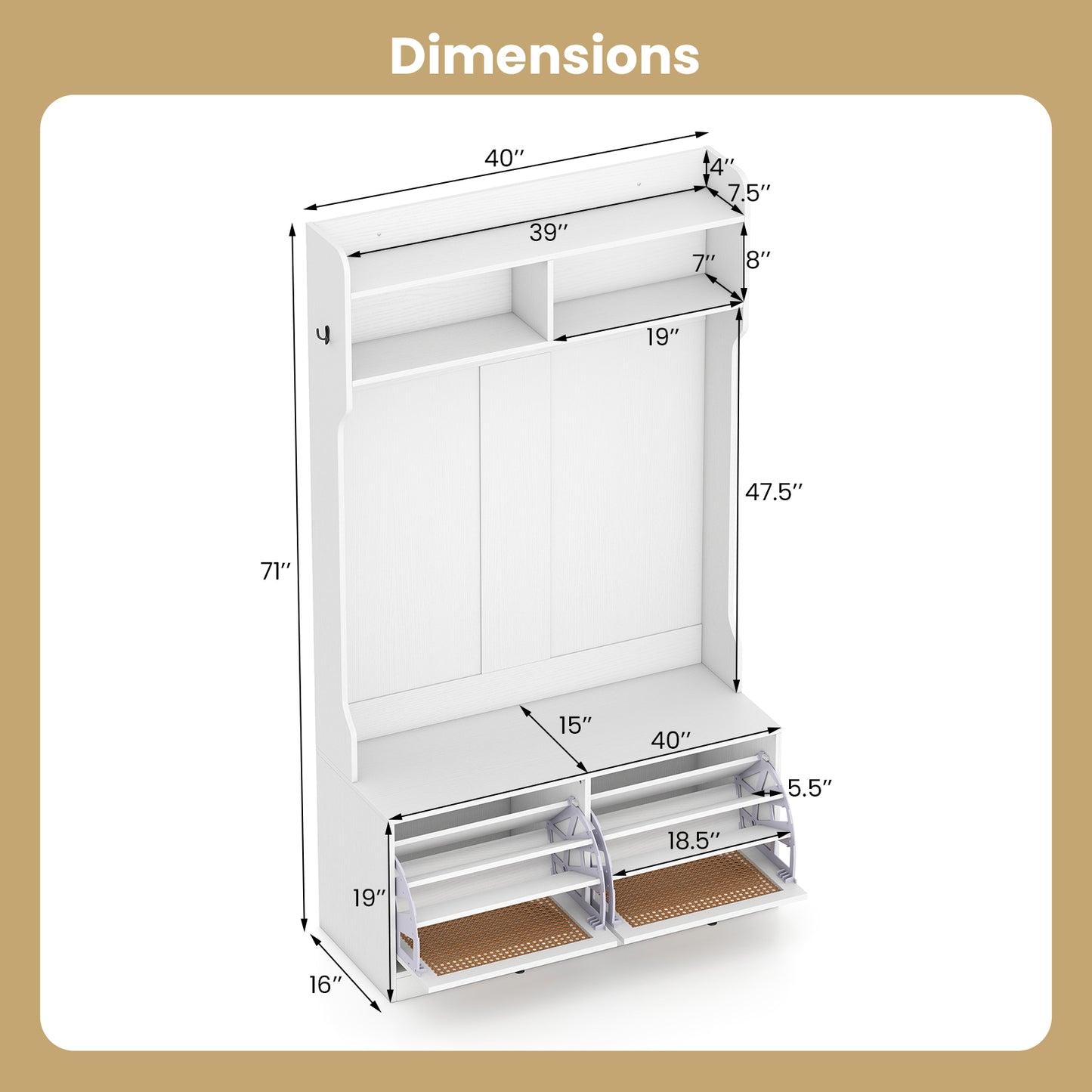 4-In-1 Hall Tree with Coat Rack and Flip Drawers for Entryway Mudroom-White