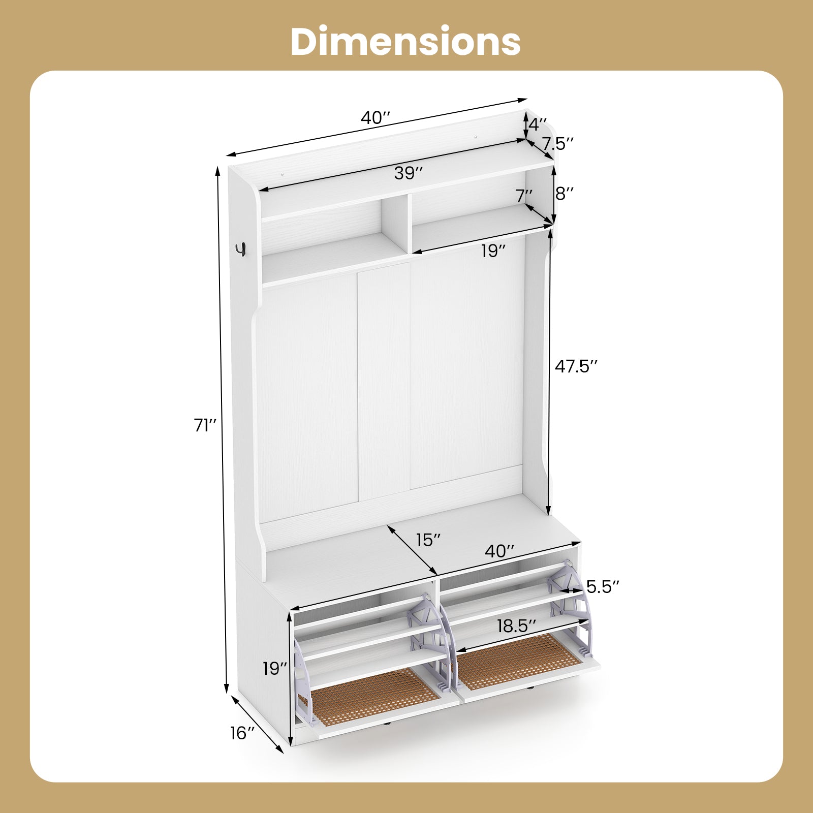 4-In-1 Hall Tree with Coat Rack and Flip Drawers for Entryway Mudroom-White