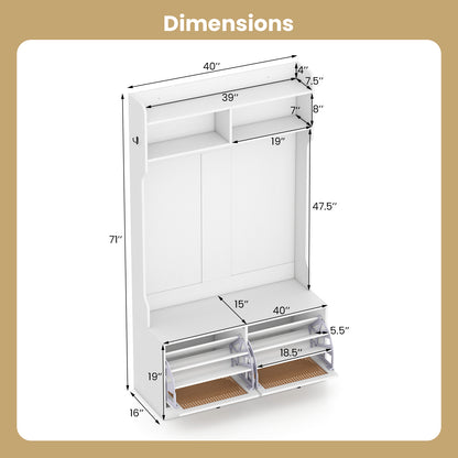 4-In-1 Hall Tree with Coat Rack and Flip Drawers for Entryway Mudroom-White