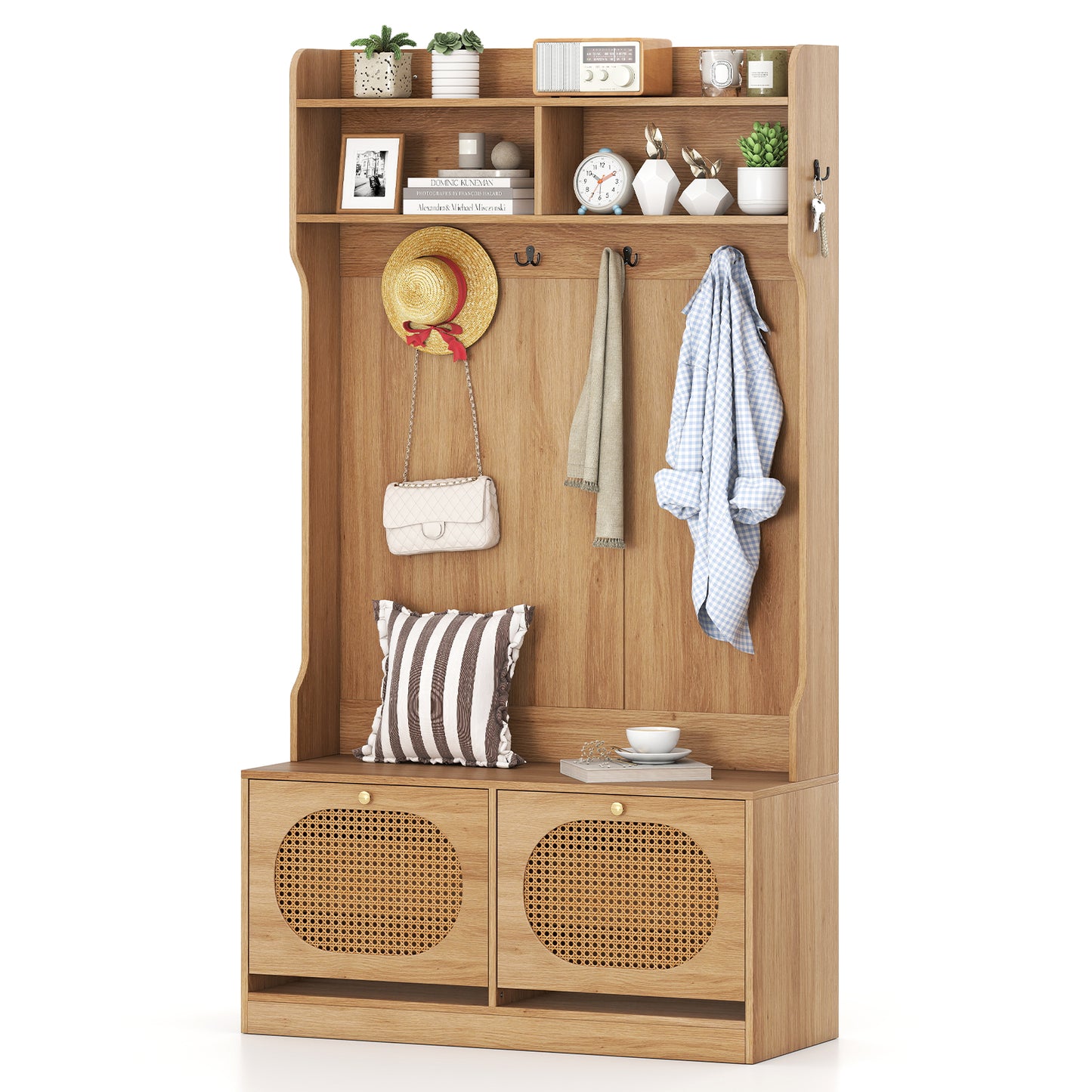 4-In-1 Hall Tree with Coat Rack and Flip Drawers for Entryway Mudroom-Natural