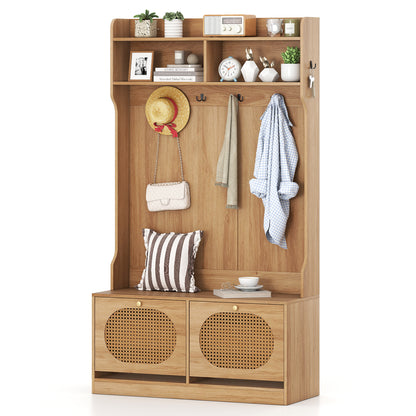 4-In-1 Hall Tree with Coat Rack and Flip Drawers for Entryway Mudroom-Natural