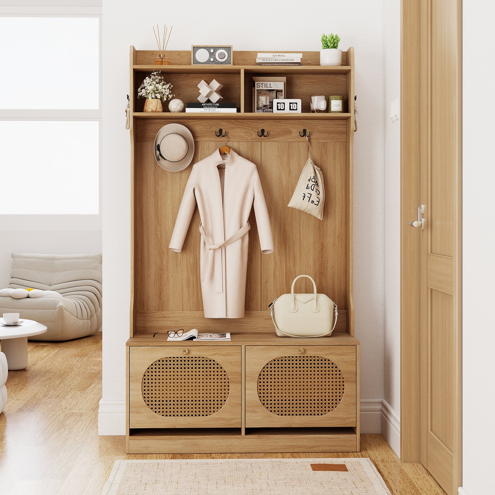 4-In-1 Hall Tree with Coat Rack and Flip Drawers for Entryway Mudroom-Natural