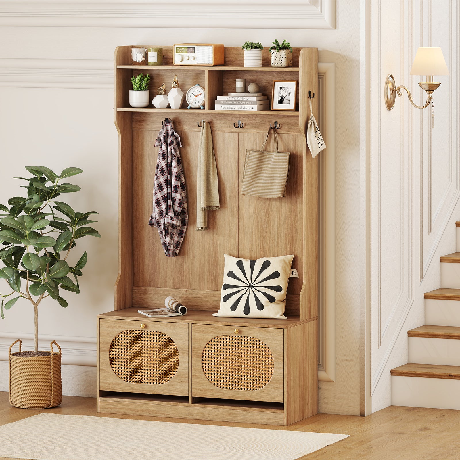 4-In-1 Hall Tree with Coat Rack and Flip Drawers for Entryway Mudroom-Natural