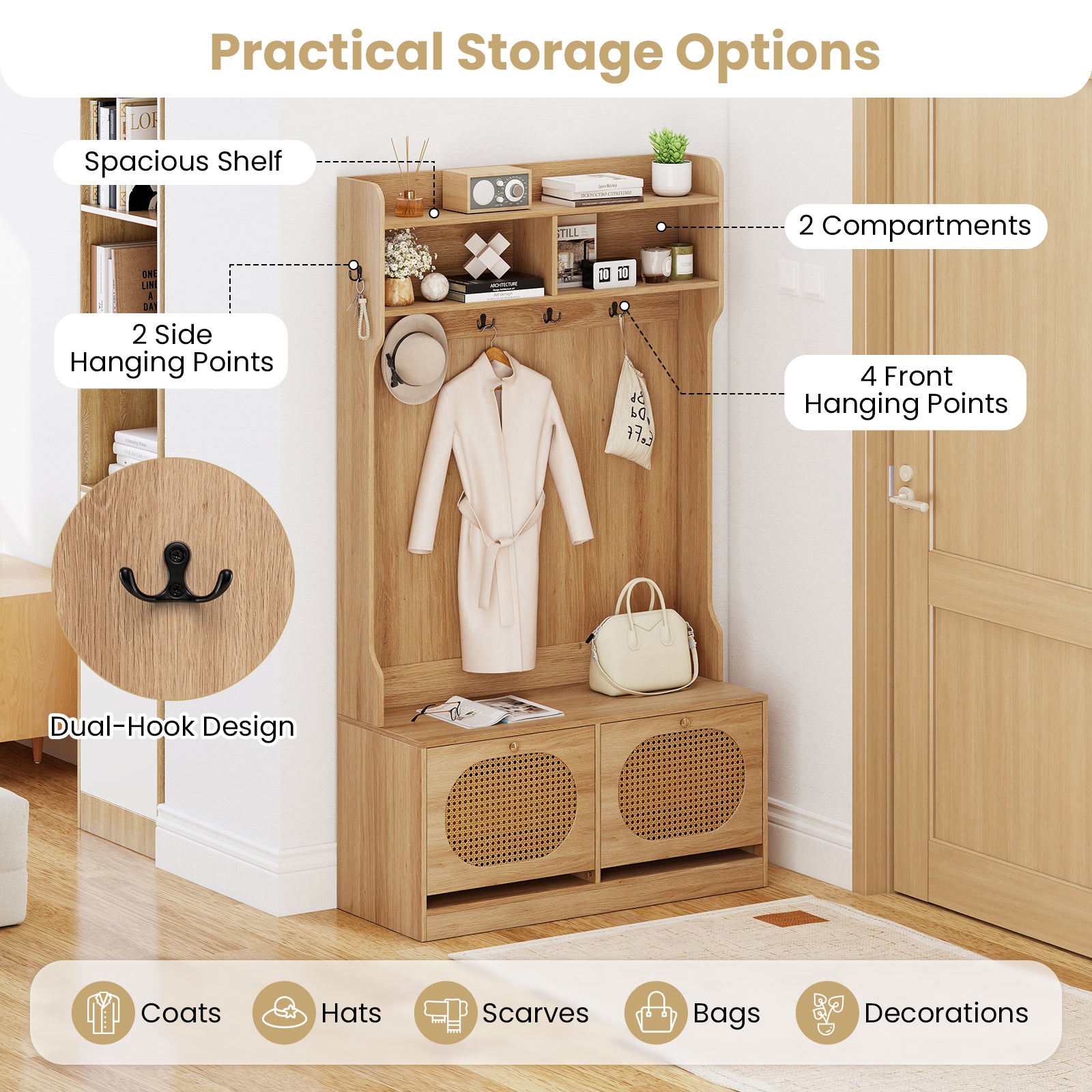 4-In-1 Hall Tree with Coat Rack and Flip Drawers for Entryway Mudroom-Natural