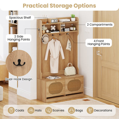4-In-1 Hall Tree with Coat Rack and Flip Drawers for Entryway Mudroom-Natural